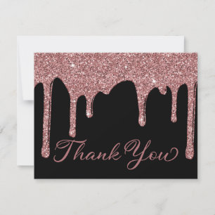 Chic Black Rose Gold Dripping Glitter Thank You Card