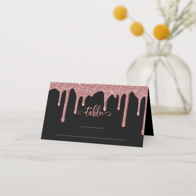 Chic Black Rose Gold Dripping Glitter Wedding Place Card (Front)