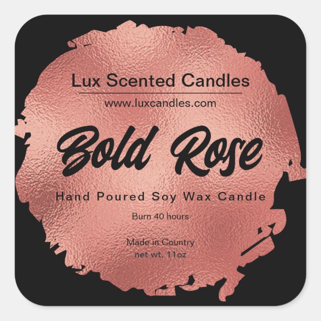 Chic Black Rose Gold Foil Modern Luxury Candle  Square Sticker (Front)