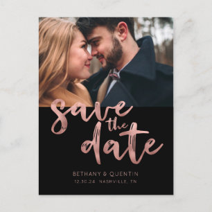 Chic Black Rose Gold Foil Script Save the Date Announcement Postcard