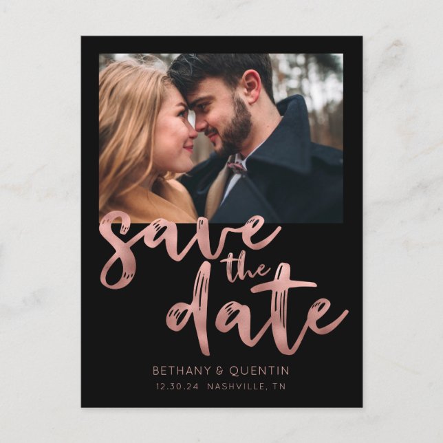 Chic Black Rose Gold Foil Script Save the Date Announcement Postcard (Front)