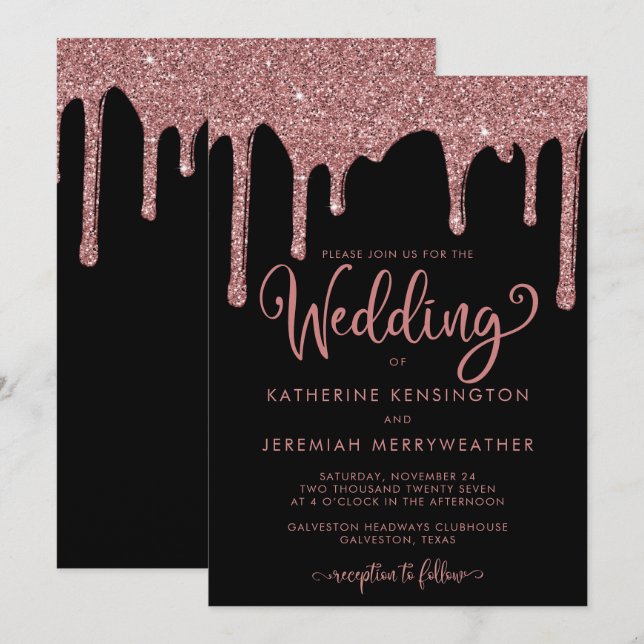 Chic Black Rose Gold Glam Glitter Wedding Invitation (Front/Back)