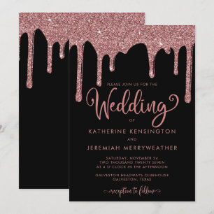 Chic Black Rose Gold Glam Glitter Wedding Invitation