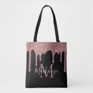 Chic Black Rose Gold Glitter Drips Monogram Tote Bag