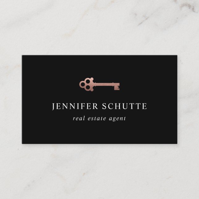 Chic Black & Rose Gold Key Luxury Real Estate Business Card (Front)