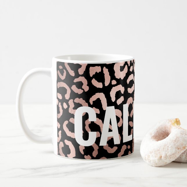 Chic Black Rose Gold Leopard Cheetah Animal Print Coffee Mug (With Donut)