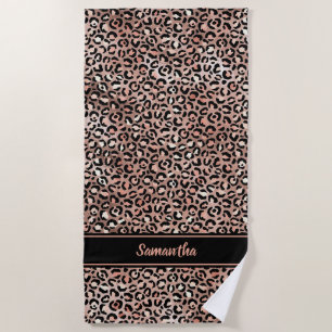 Chic Black Rose Gold Leopard Print Personalised Beach Towel