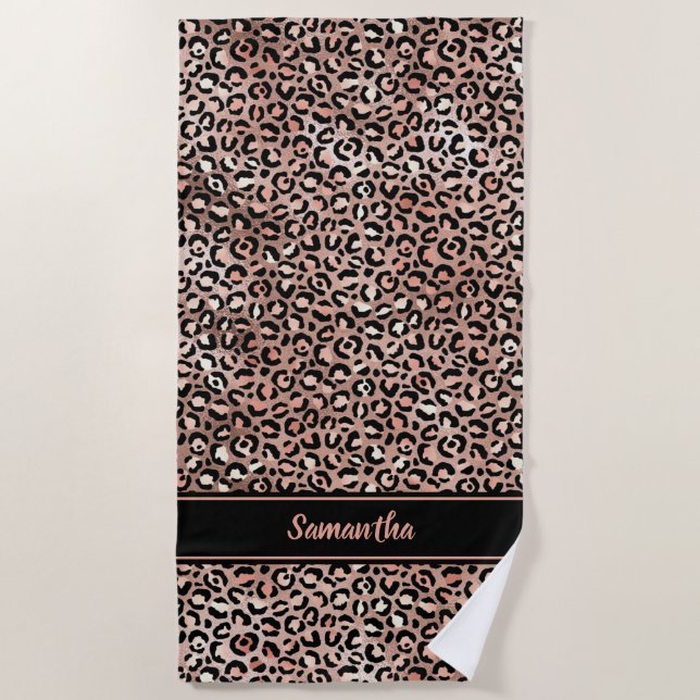 Chic Black Rose Gold Leopard Print Personalised Beach Towel (Front)