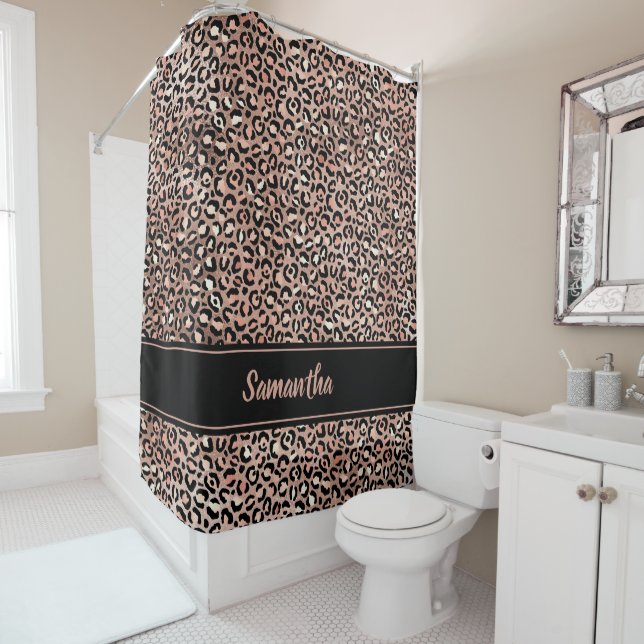 Chic Black Rose Gold Leopard Print Personalised Shower Curtain (In Situ)