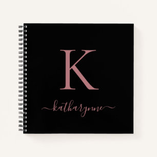 Chic Black Rose Gold Pink Monogram Name Notebook