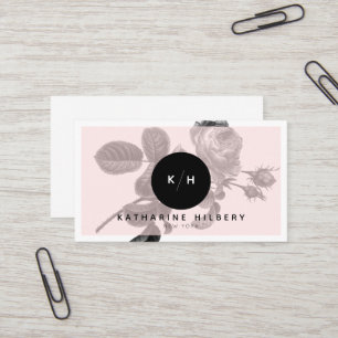 Chic Black Rose & Monogram Pink Business Card