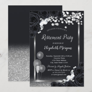 Chic Black Roses Wine Glass Balloons Retirement    Invitation