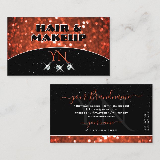 Chic Black Salmon Orange Sparkle Glitter Monogram Business Card (Front/Back)