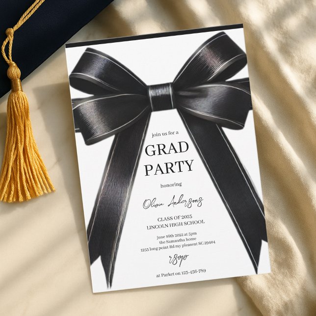 Chic Black Satin Bow Graduation Party Invitation (Creator Uploaded)