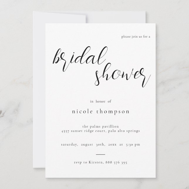 Chic Black Script Bridal Shower Invitation Minimal (Front)