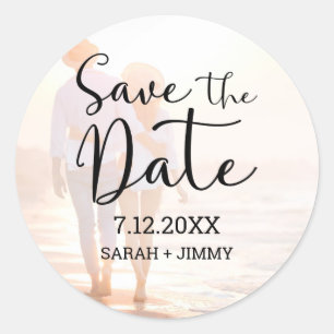 Chic Black Script Photo Wedding Save the Date Classic Round Sticker