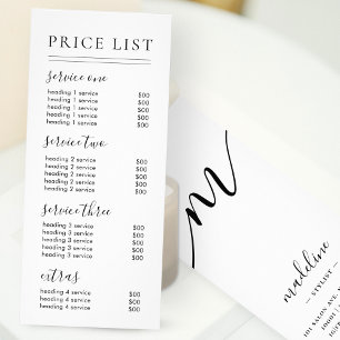 Chic Black Script Typography Services Price List Rack Card