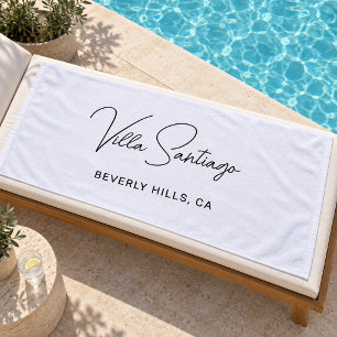 Chic Black Script Villa Home Monogram Name Beach Towel