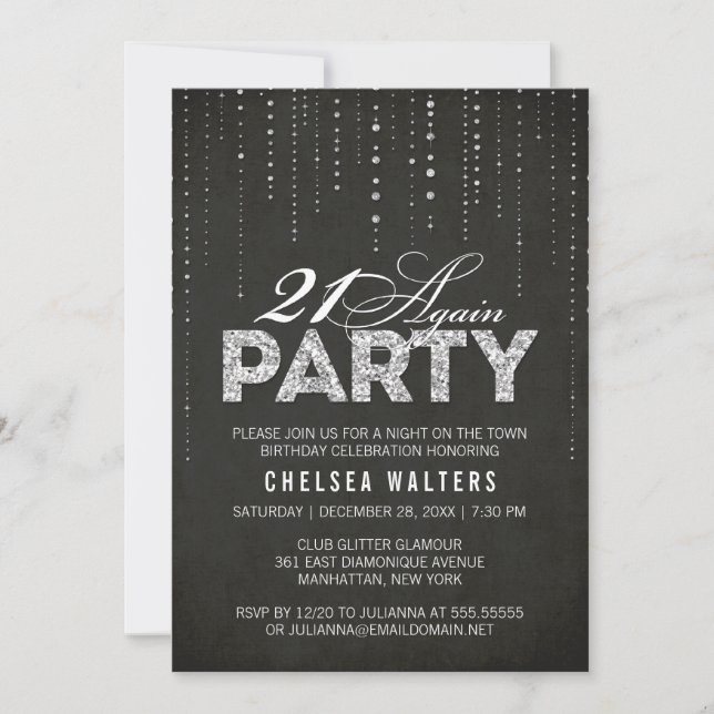 Chic Black & Silver 21 Again Birthday Party Invitation (Front)