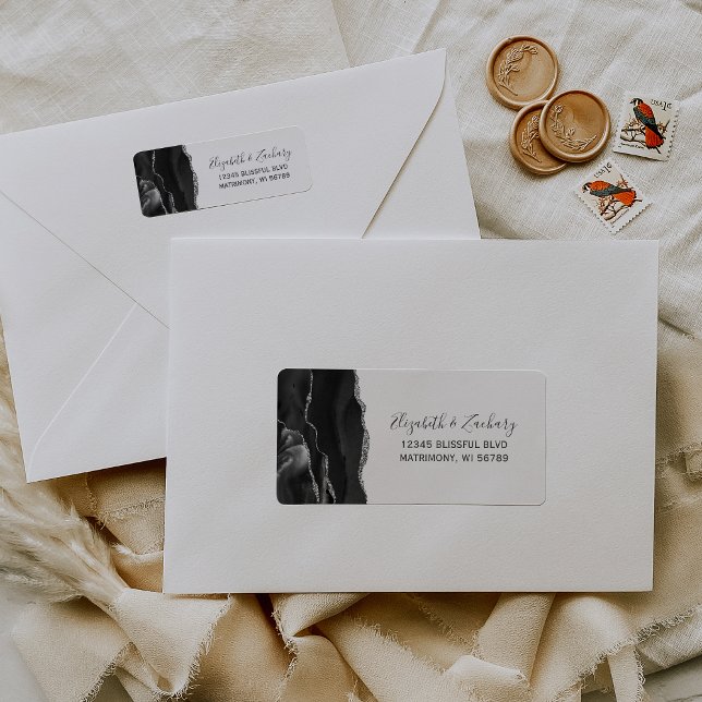 Chic Black Silver Agate Wedding Return Address (Creator Uploaded)