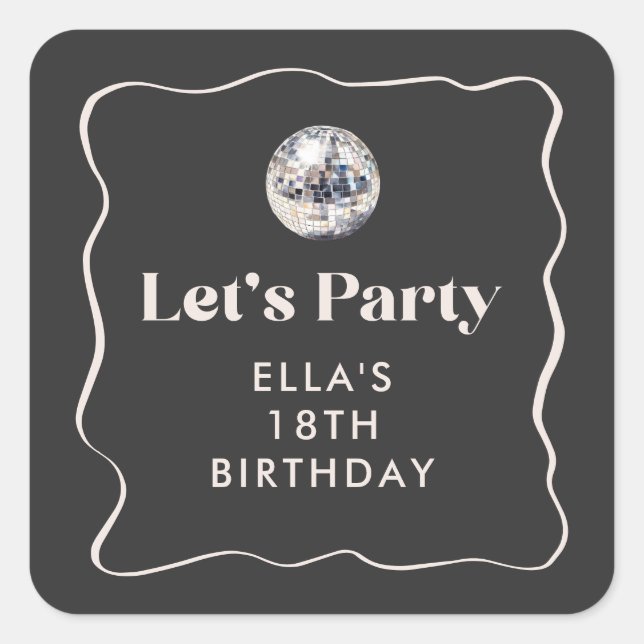 Chic Black & Silver Disco Ball 18th Birthday Party Square Sticker (Front)