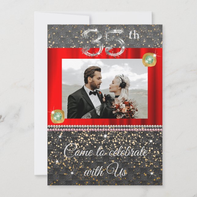 Chic Black Silver Emerald 35th Wedding Anniversary Invitation (Front)