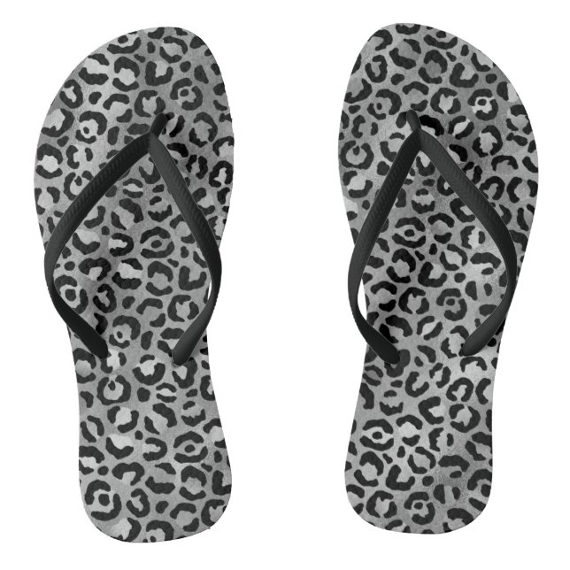 Chic Black Silver Foil Grey Leopard Print Flip Flops (Footbed)