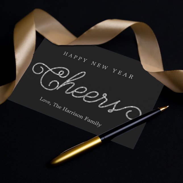Chic Black & Silver Glitter Cheers Happy New Year Holiday Card (Creator Uploaded)