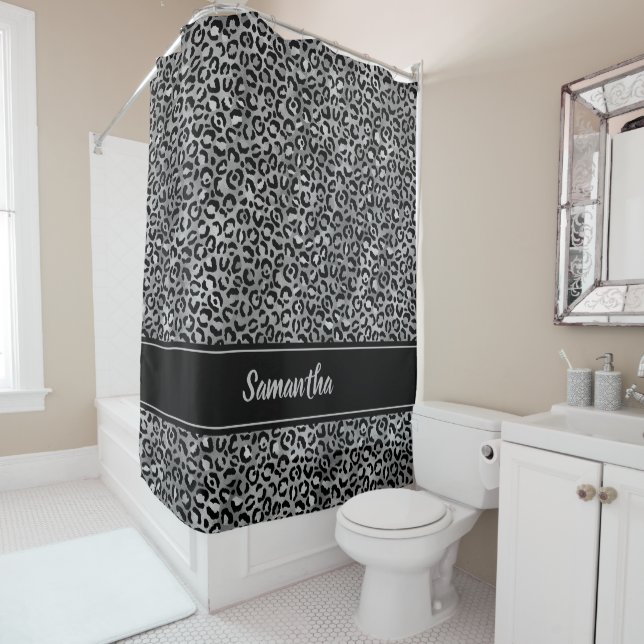Chic Black Silver Grey Leopard Print Personalised Shower Curtain (In Situ)