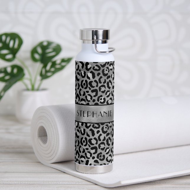 Chic Black Silver Grey Leopard Print Personalised Water Bottle (Yoga)