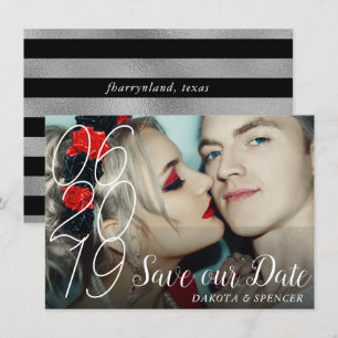 Chic Black Silver Modern Hand Lettered Photo Save The Date