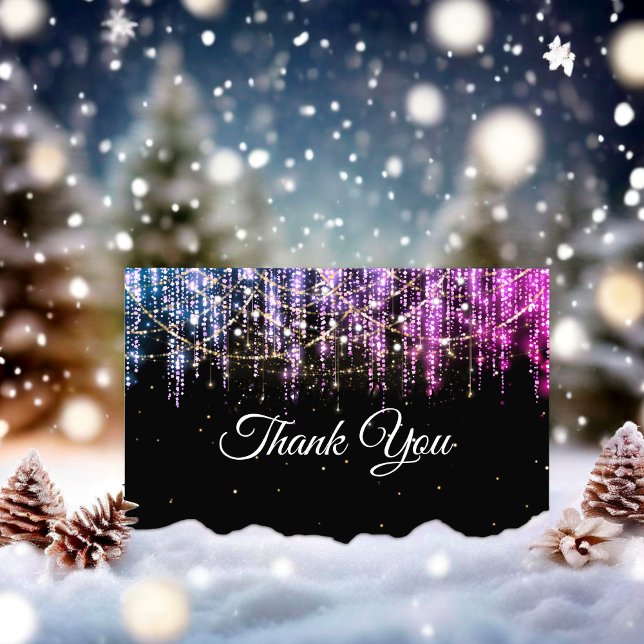 Chic black silver pink holiday lights thank you card (Creator Uploaded)