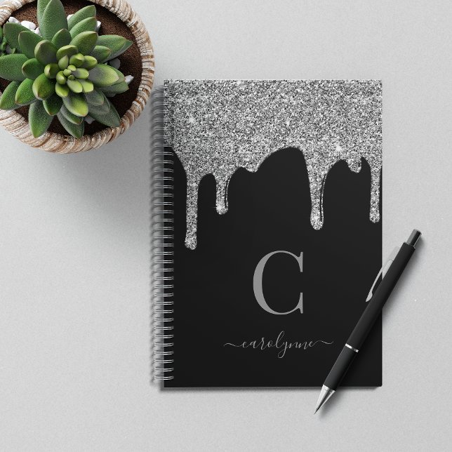 Chic Black Silver Sparkle Glitter Drips Monogram Notebook (Creator Uploaded)