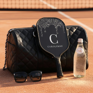 Chic Black Sparkle Glitter Drips Monogram Pickleball Paddle