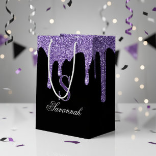 Chic Black Sparkle Purple Glitter Drips Monogram Medium Gift Bag