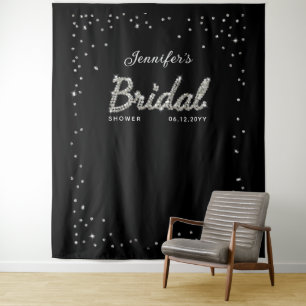 Chic Black Sparkle Script Glitter Bridal Shower Tapestry