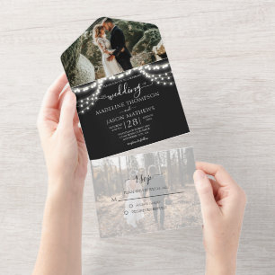 Chic Black String Lights Photo RSVP Wedding All In One Invitation