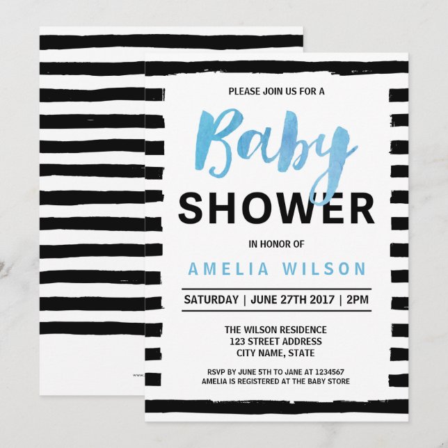 Chic Black Stripes Blue Baby Shower Invitation (Front/Back)