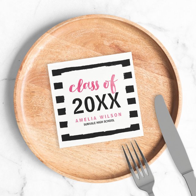 Chic Black Stripes Pink Class of 2024 Graduation Napkin (Creator Uploaded)