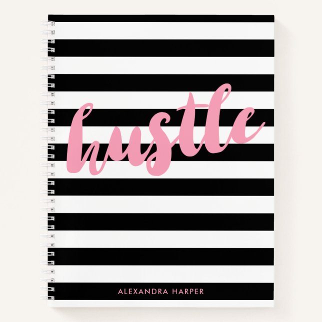 Chic Black Stripes - Pink Hustle - Name Notebook (Front)