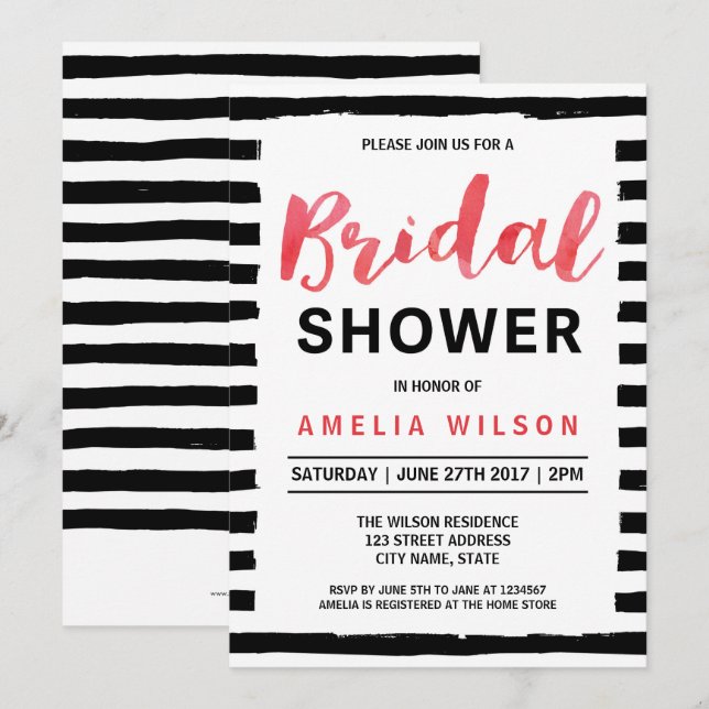 Chic Black Stripes Red Bridal Shower Invitation (Front/Back)