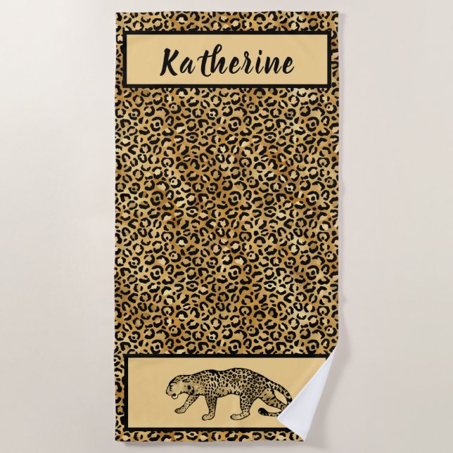 Chic Black Tan Gold Leopard Personalised  Beach Towel (Front)
