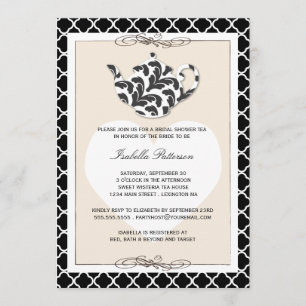 Chic Black Tan Teapot Bridal Shower Tea Party Invitation