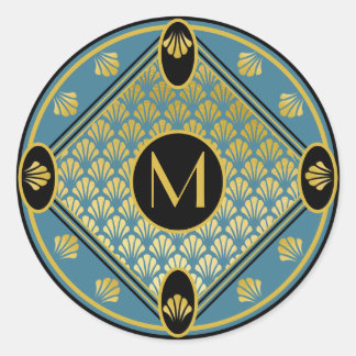 Chic Black &Teal Art Deco Fan Pattern Monogram Classic Round Sticker