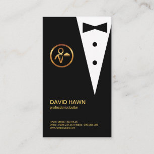 Chic Black Tuxedo Gold Boutonniere Butler's Logo Business Card