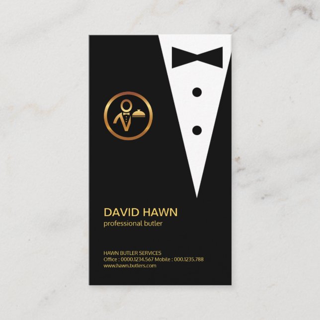 Chic Black Tuxedo Gold Boutonniere Butler's Logo Business Card (Front)
