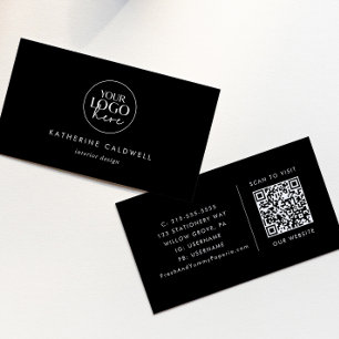 Chic Black Typography Logo and QR Code Business Card