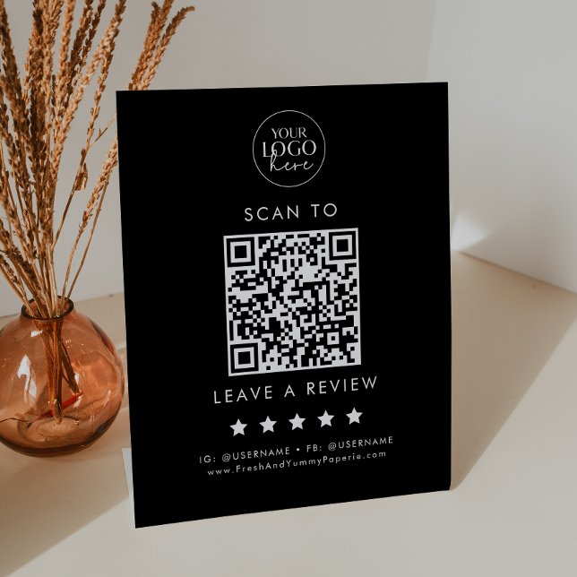 Chic Black Typography Logo QR Code Leave A Review Pedestal Sign (Creator Uploaded)