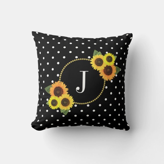 Chic Black Vintage Flowers Polka Dots Monogram Cushion (Front)
