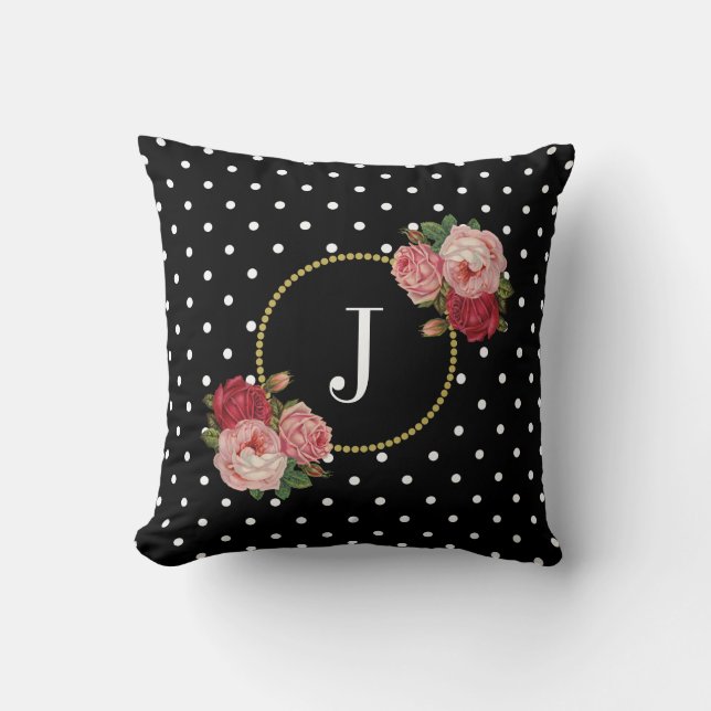 Chic Black Vintage Flowers Polka Dots Monogram Cushion (Front)